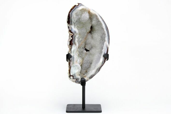 Sparkling Quartz Geode With Banded Agate Rind - Metal Base #216871